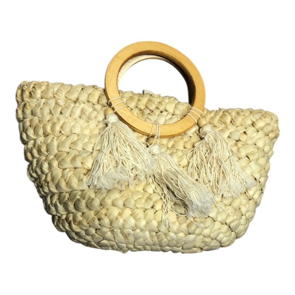 Sea Grass Tassel Satchel Bag with Wooden Circle Handles and Crossbody Strap